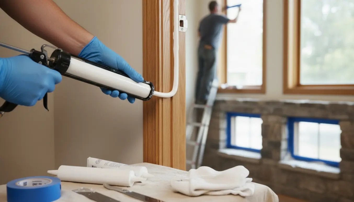 Nærbillede af hænder med fugepistol, der fuge en dørkarm, med stige ved et højt vindue og kældervinduer i baggrunden.