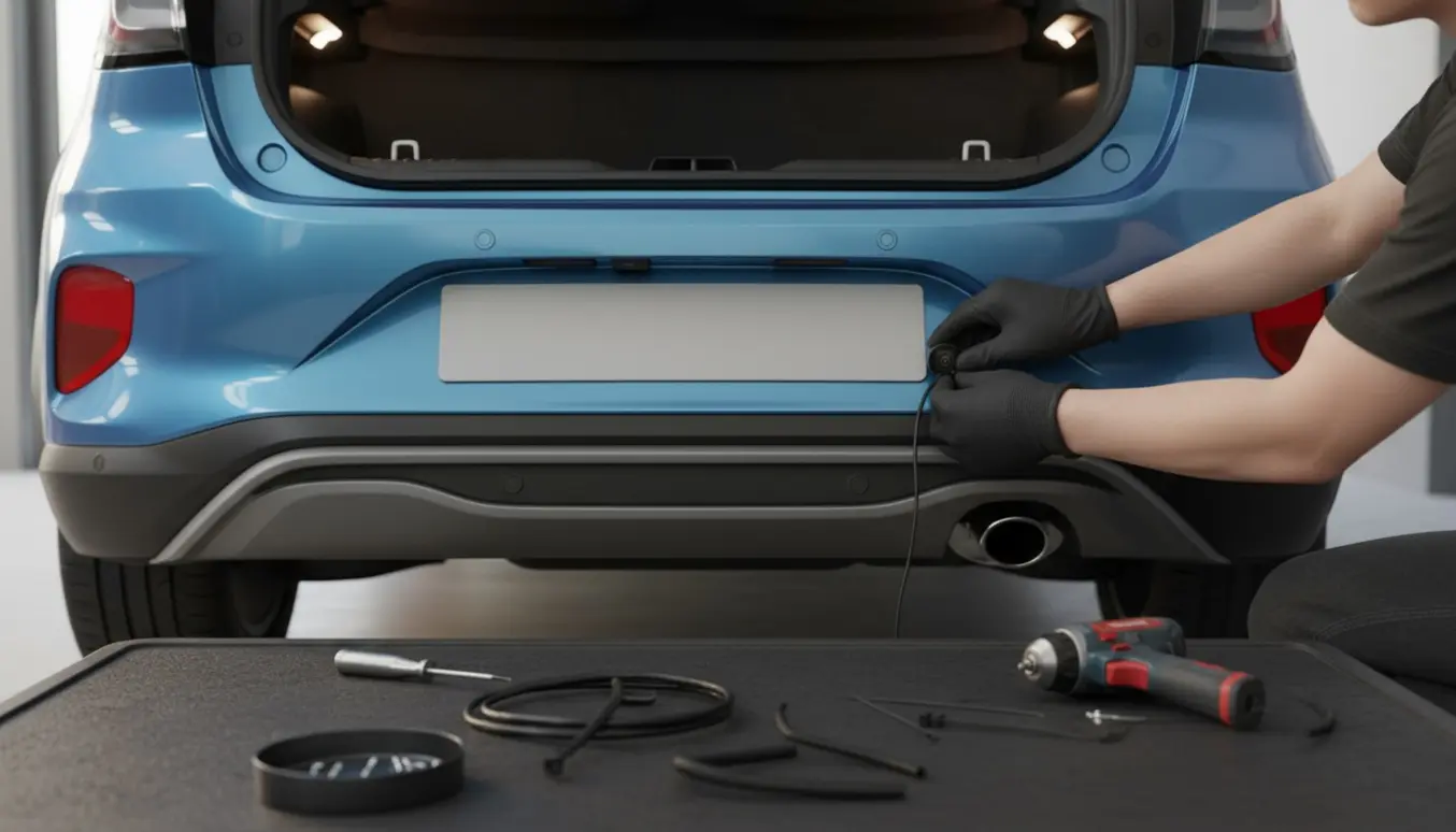 Montering af bakkamera på bagenden af en Ford Puma i en garage.