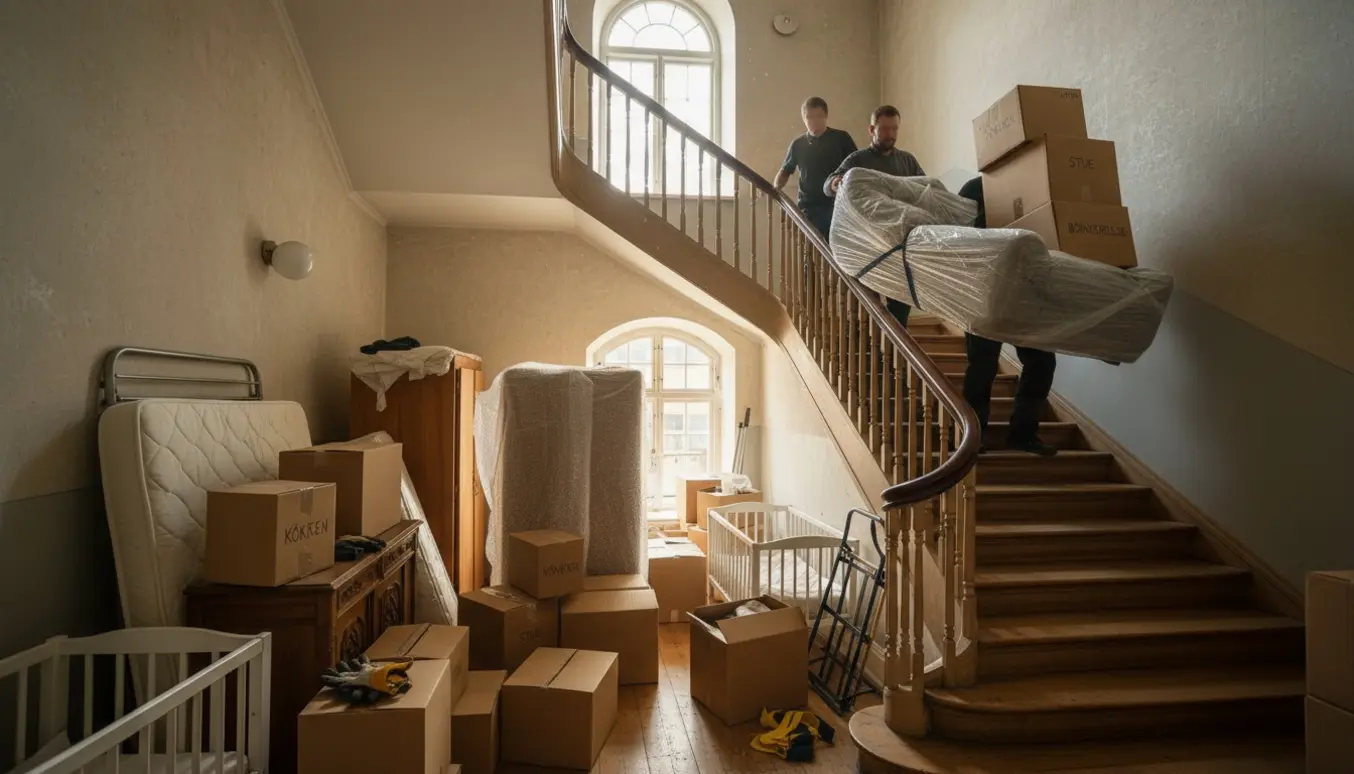 Flyttefolk bærer en sofa ned ad en smal, lys opgangstrappe omgivet af pakker og indpakkede møbler.