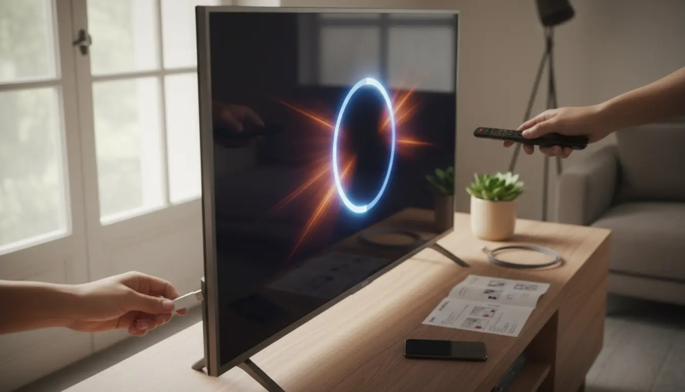 Hænder sætter en USB-nøgle i et fladskærms-tv under en softwareopdatering i en lys stue.