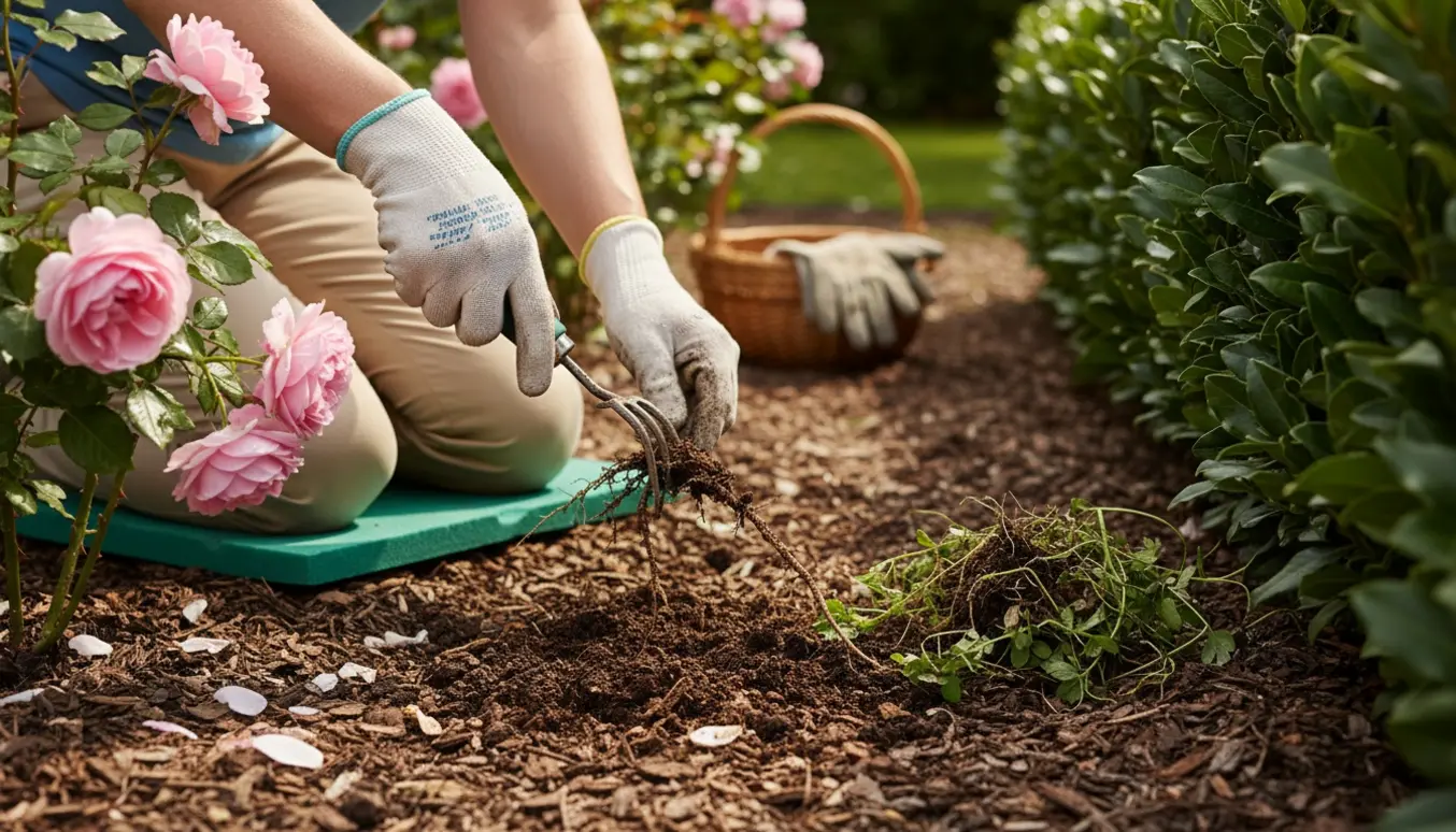 Hænder i havehandsker fjerner ukrudt mellem blomstrende roser og blanke laurbær med en lille håndgaffel.