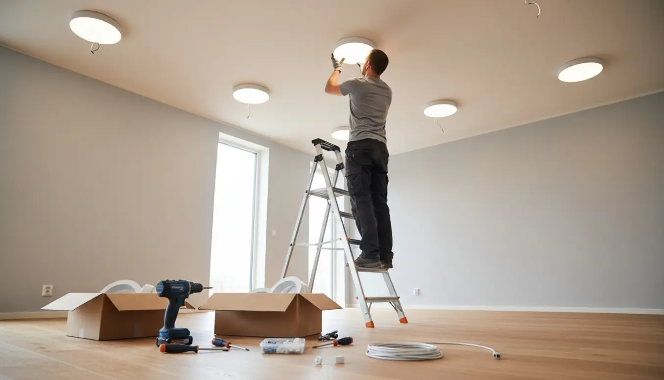 Elektriker monterer runde LED-loftlamper i en lys bolig med stige og værktøj.