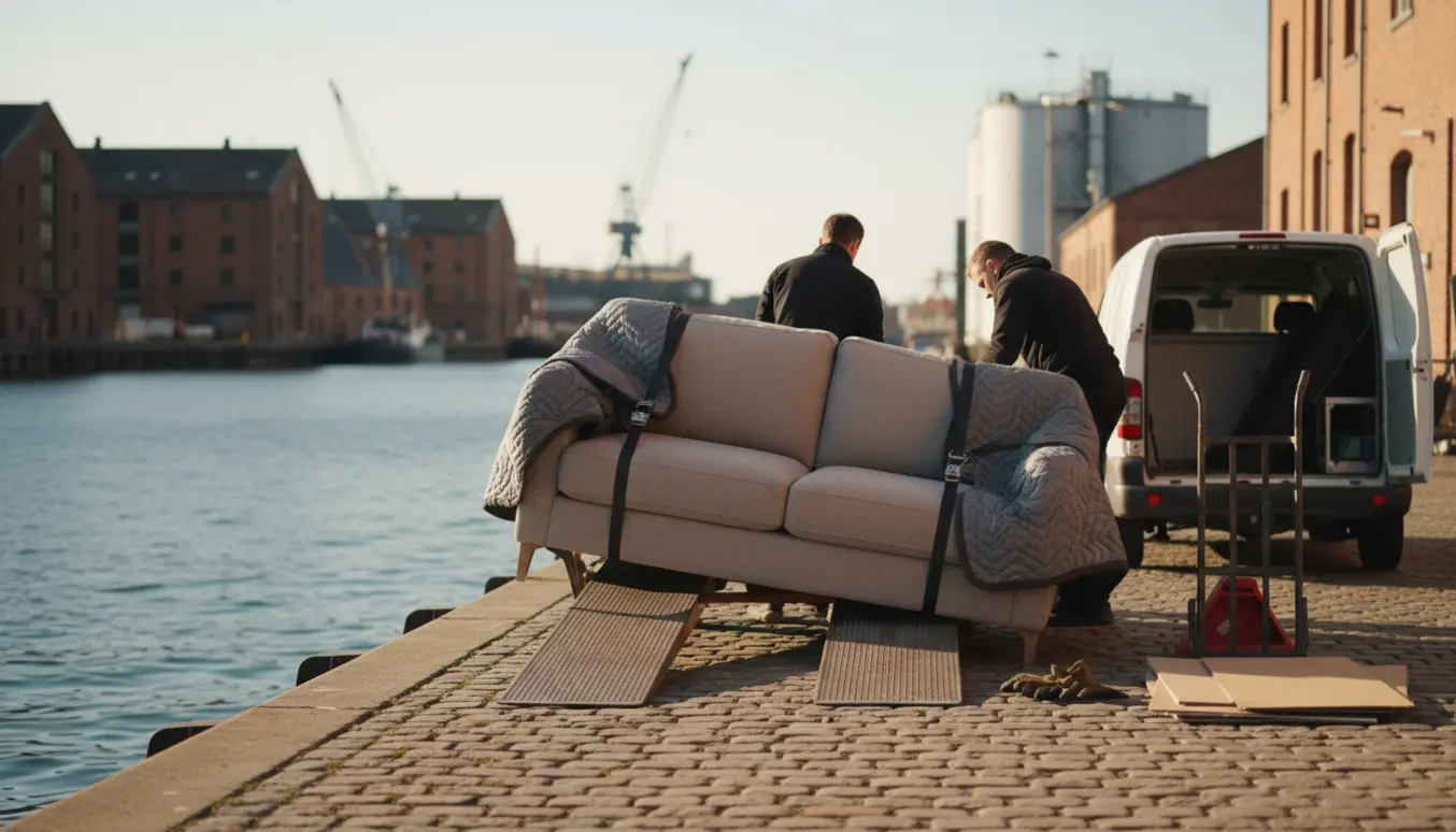 En to-personers sofa bliver lastet ind i en varebil ved Refshaleøens kaj, med flytteudstyr og industribygninger i baggrunden.