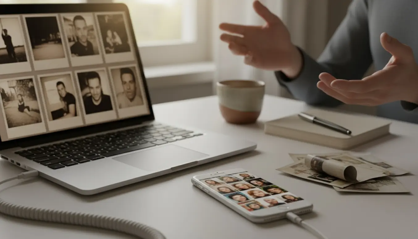 Mac-computer og iPhone forbundet på et skrivebord, hvor Mac-skærmen viser ældre billeder, mens telefonen viser nyere fotos.