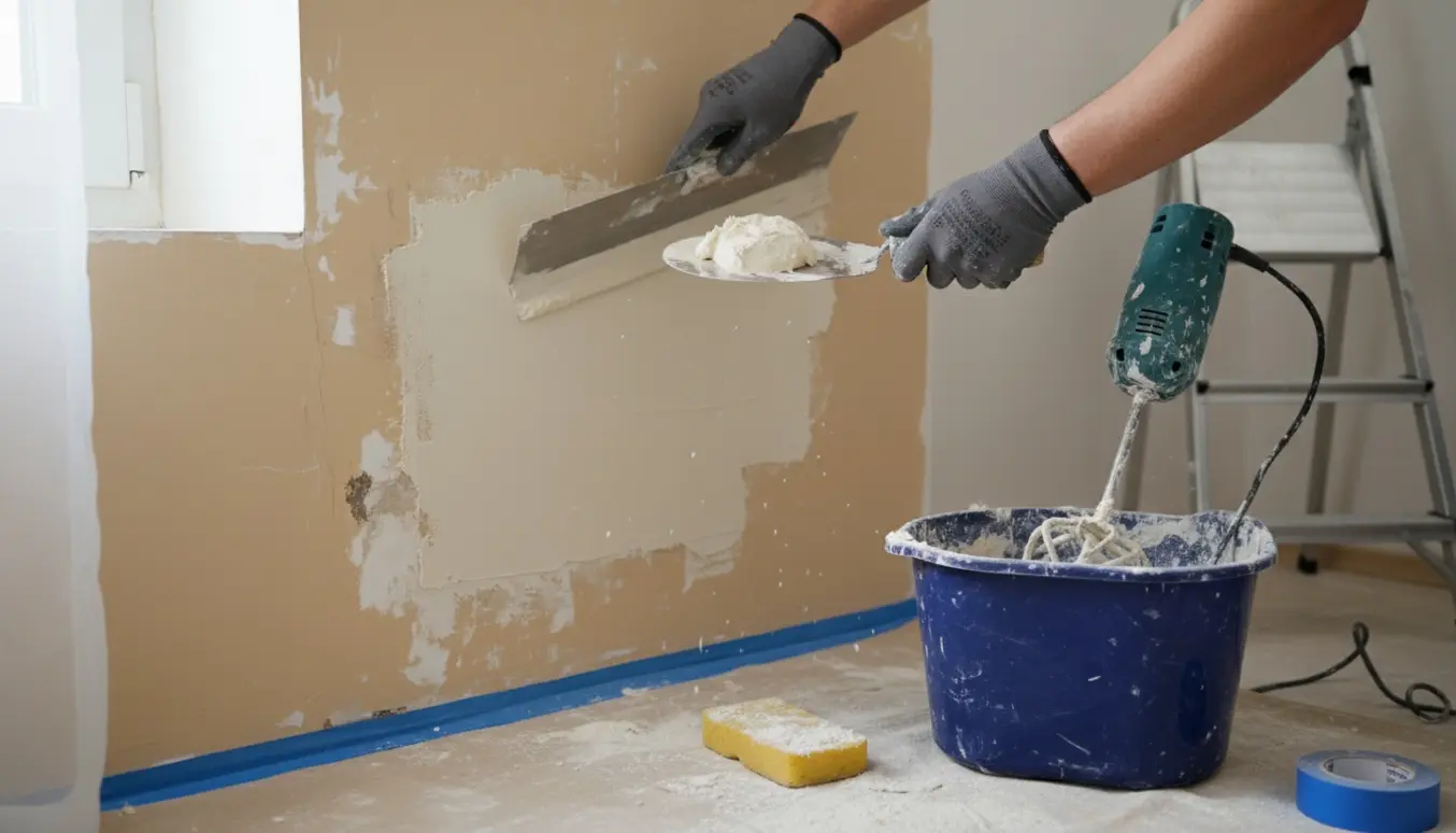 Nærbillede af en væg under spartling og reparation, klar til at blive malet.