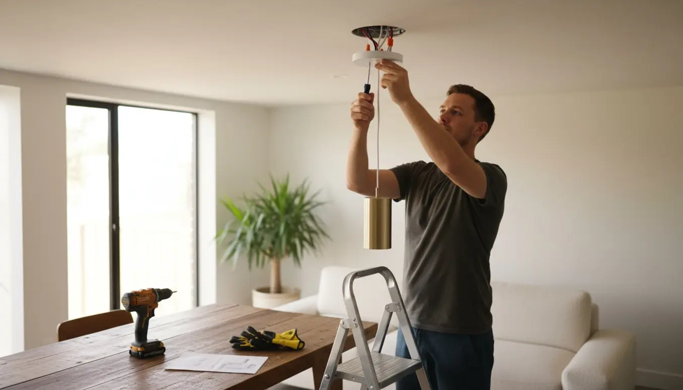 Hænger en pendel loftlampe op; hænder på en stige forbinder ledninger og skruer beslag fast.