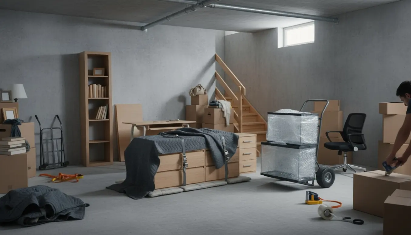 Et kælderværelse på 20 m² midt i en flytning med kommoder, skrivebord, to indpakkede akvarier og flyttekasser.