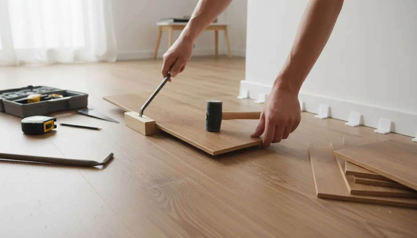 Hænder fjerner og monterer et par planker på et click-gulv i et lyst rum.