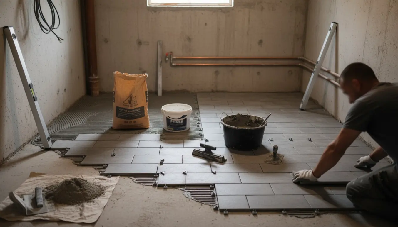 Fliselægning i et kælderrum med 30x60 cm fliser, grå fuge, radiatorrør og afløb synlige.