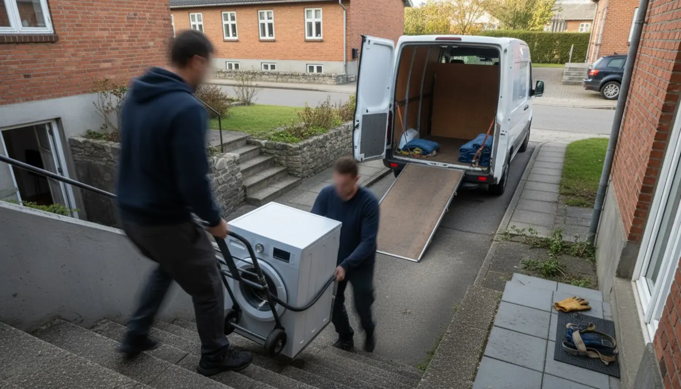 Vaskemaskine bæres på dolly op ad kældertrappe og lastes i varevogn foran et parcelhus.