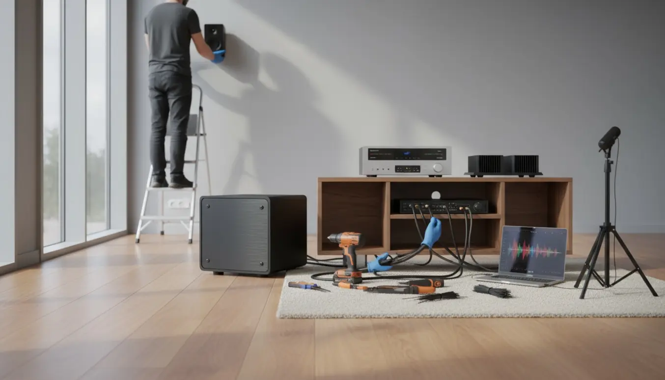 Tekniker monterer surround-højttalere i et multirum med subwoofer, AV-receiver og målemikrofon.
