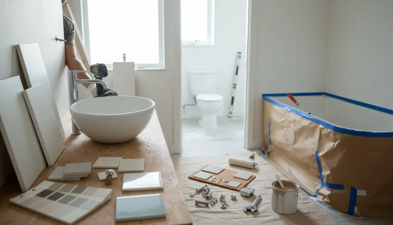 Renoveret badeværelse under arbejde med ny vask, armaturer, skabe og maleudstyr, toiletrum synligt i baggrunden.