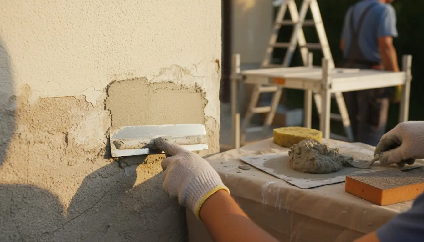 En hånd glatter frisk puds ud på en beskadiget pudset facade med murske og murskeplade.