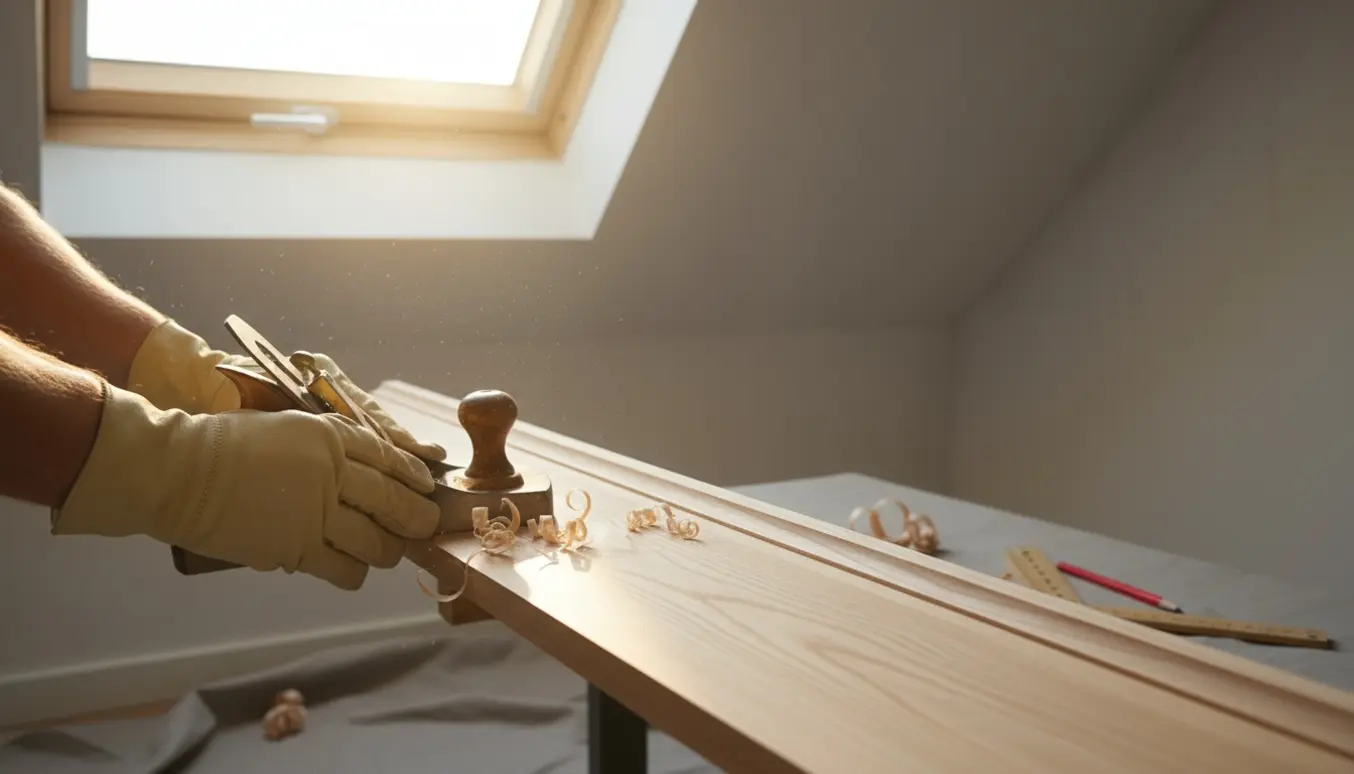 Nærbillede af hænder, der høvler en træliste ved et Velux-vindue, så den flugter med væg og loft.