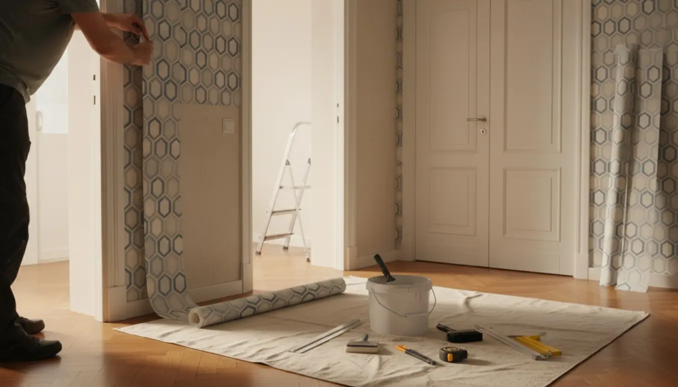 Entré under tapetopsætning omkring to døre og et indbygget skab med værktøj og hænder i arbejde.