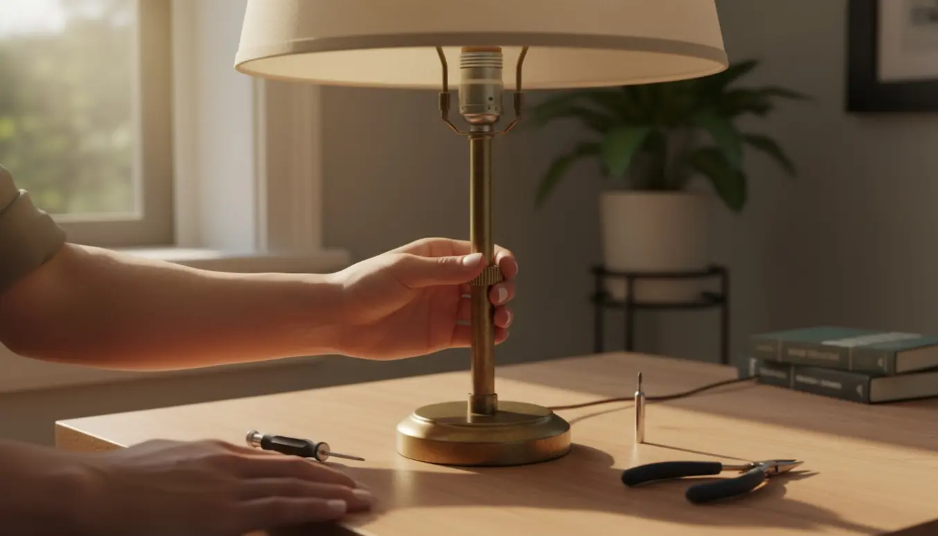 Hænder løsner en lille ring på en bordlampe for at kunne justere lampens retning.