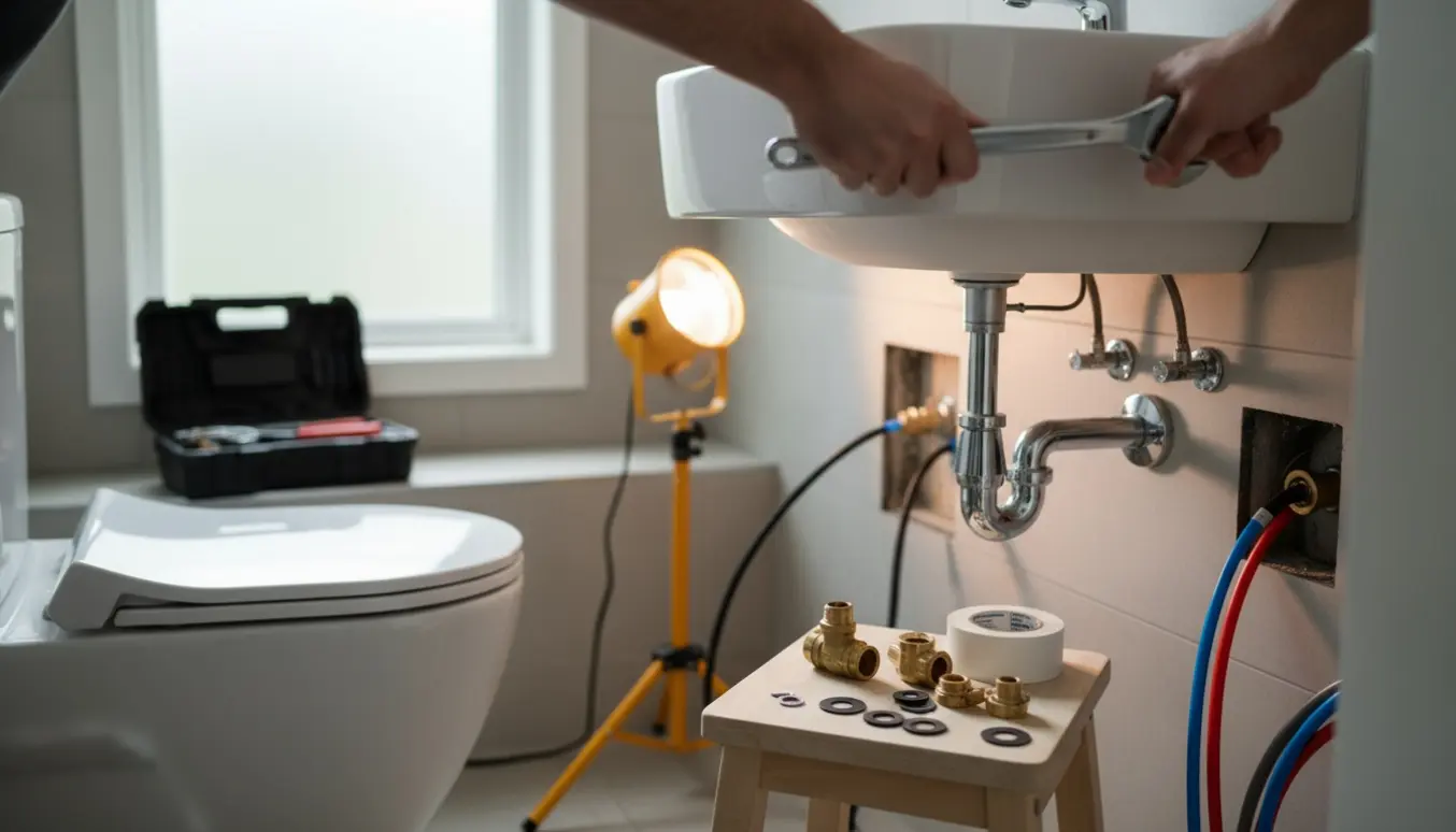 Nyt toilet og håndvask med synlige rør, håndværker reparerer ventil og monterer udendørs vandhane.