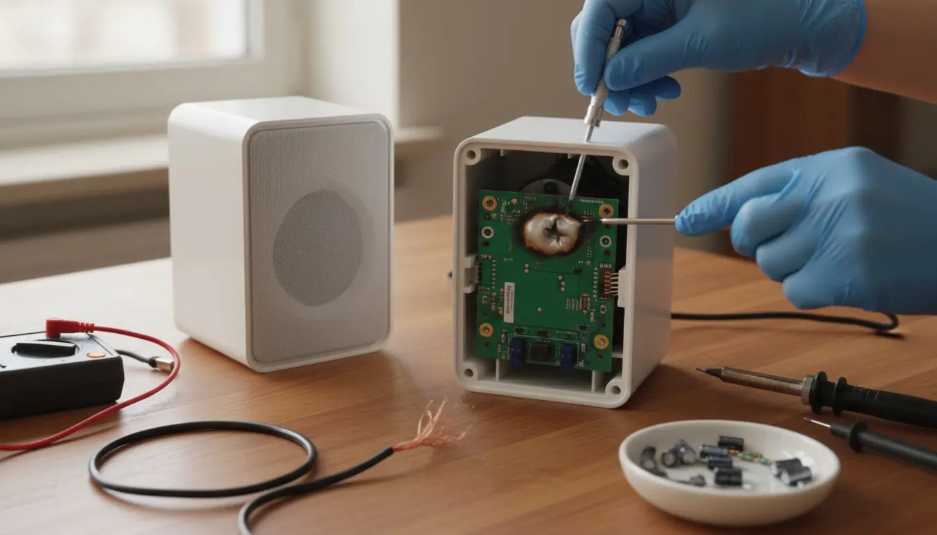 Åbnet Sonos‑lignende højttaler på et bord med brandskadet printplade og værktøj, hænder i handsker arbejder.