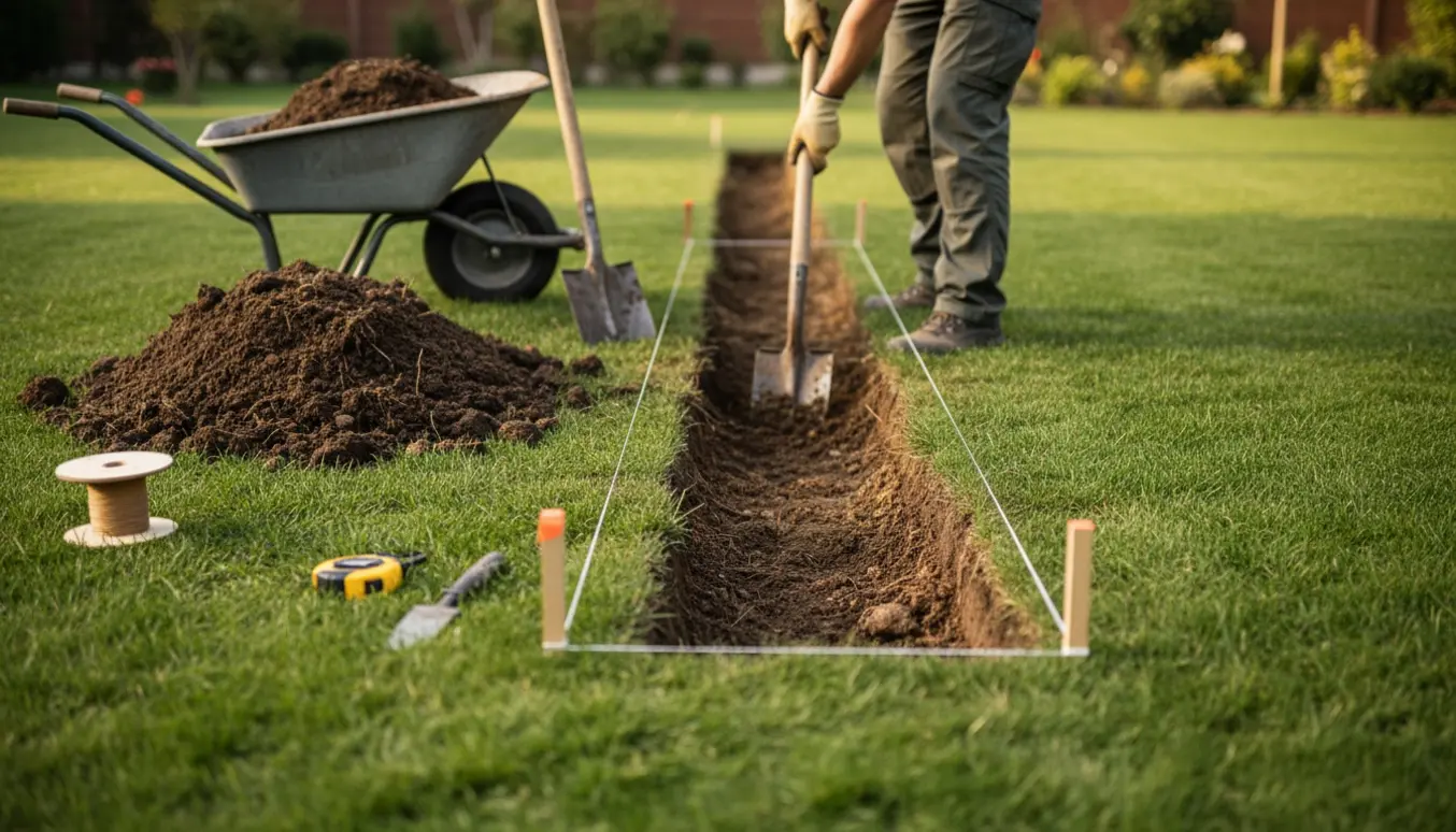 En ca. 10 m lang rende gravet i græsset med spade, jordbunke, skovl og markeringssnor.