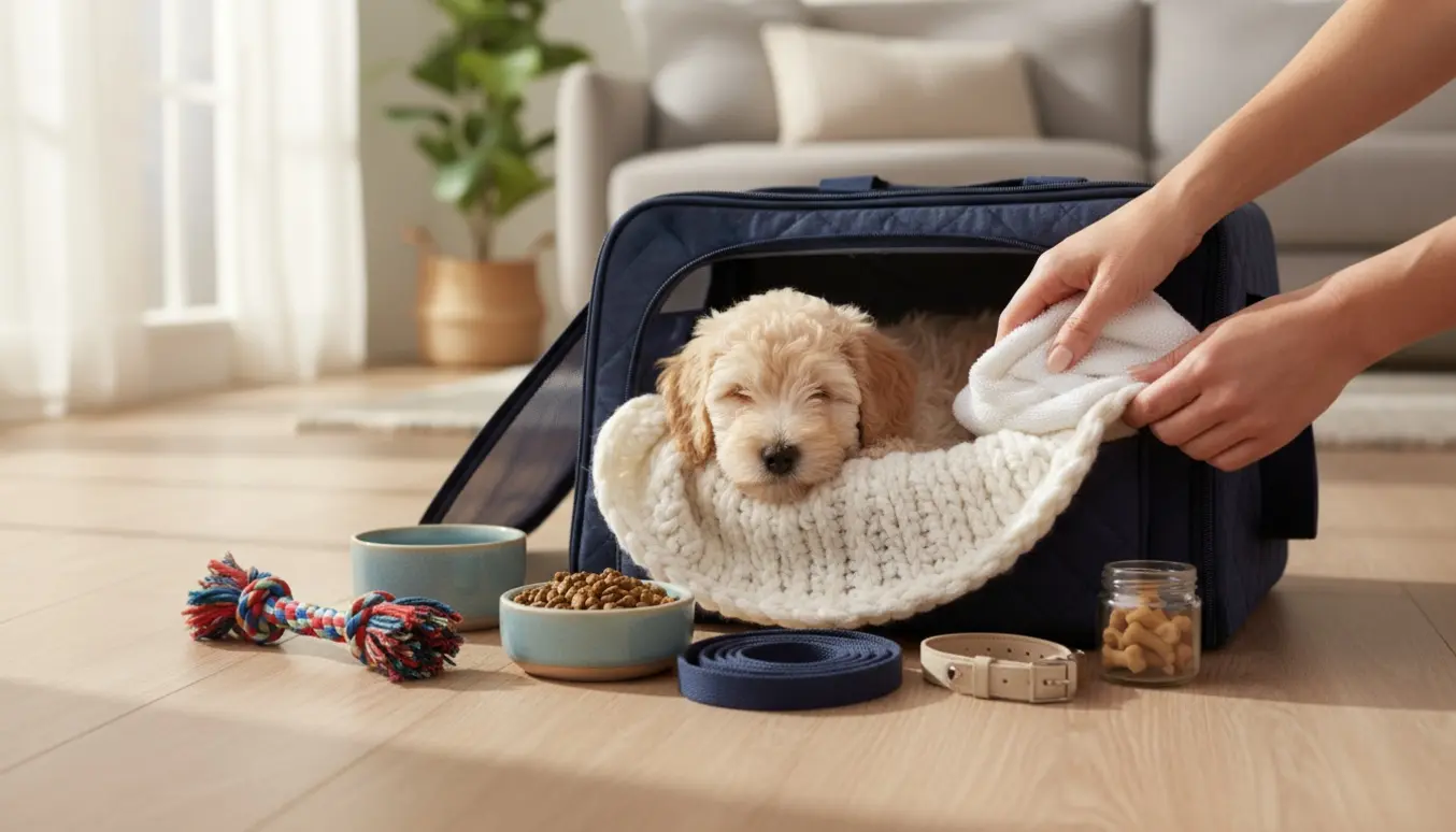 En lille hundehvalp i en åben transportkasse med tæppe, legetøj og vandskål, mens pasningspersonens hænder ordner det.