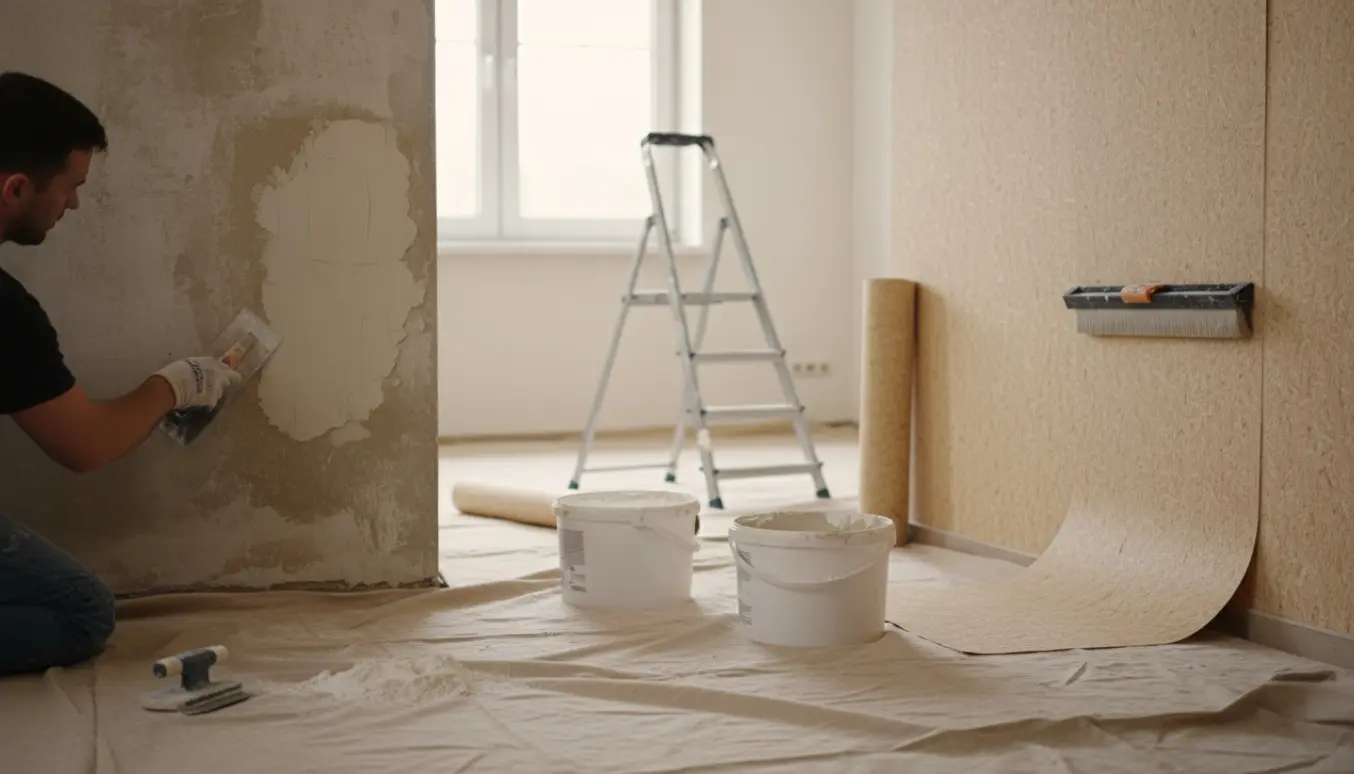Pletspartling og opsætning af savsmuldstapet i en stue med værktøj og delvist tapetseret væg.