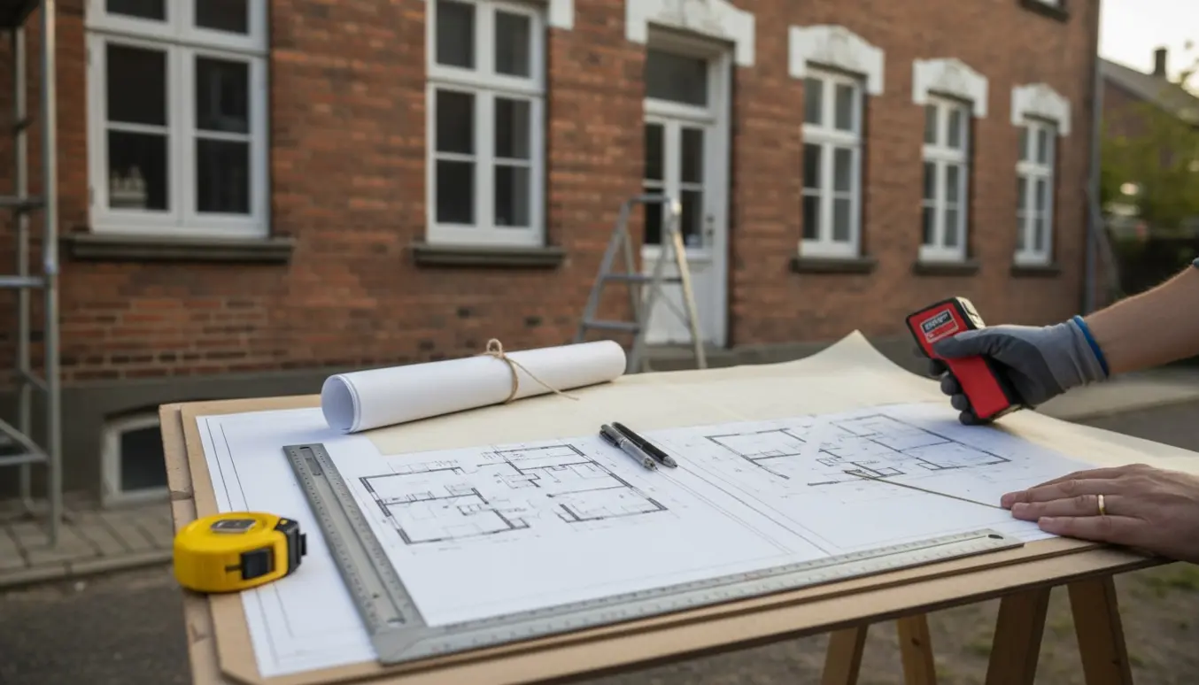 Arkitekthænder måler og sammenligner målfast plantegning og facadetegning foran et rødt murstensbyhus fra 1850.