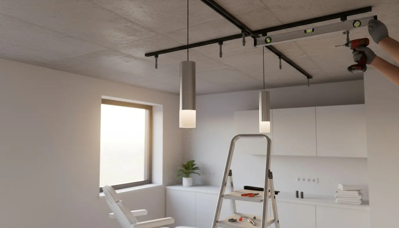 To hængelamper monteres i en hjemme-klinik under et betonloft, hvor en skinne er ved at blive sat op.