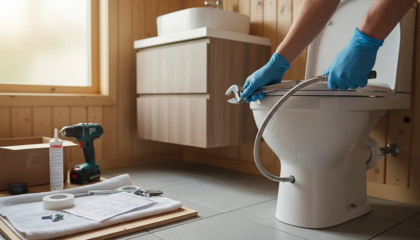 Hænder monterer nyt toilet og håndvaskkabinet i lyst sommerhusbadeværelse med værktøj og materialer klar.
