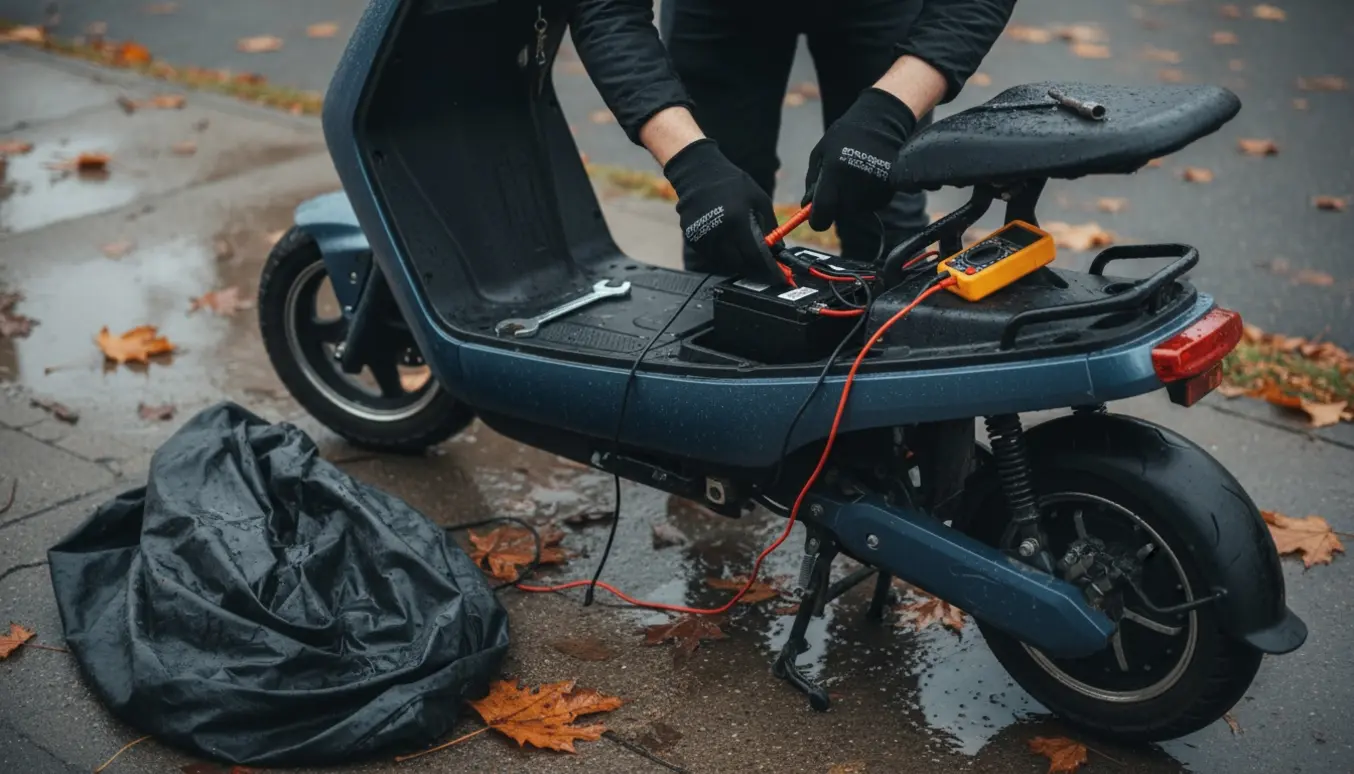 Trehjulet scooter med åben saddel og våde overflader, mens hænder tilslutter et jumpstarter og måler batteriet.