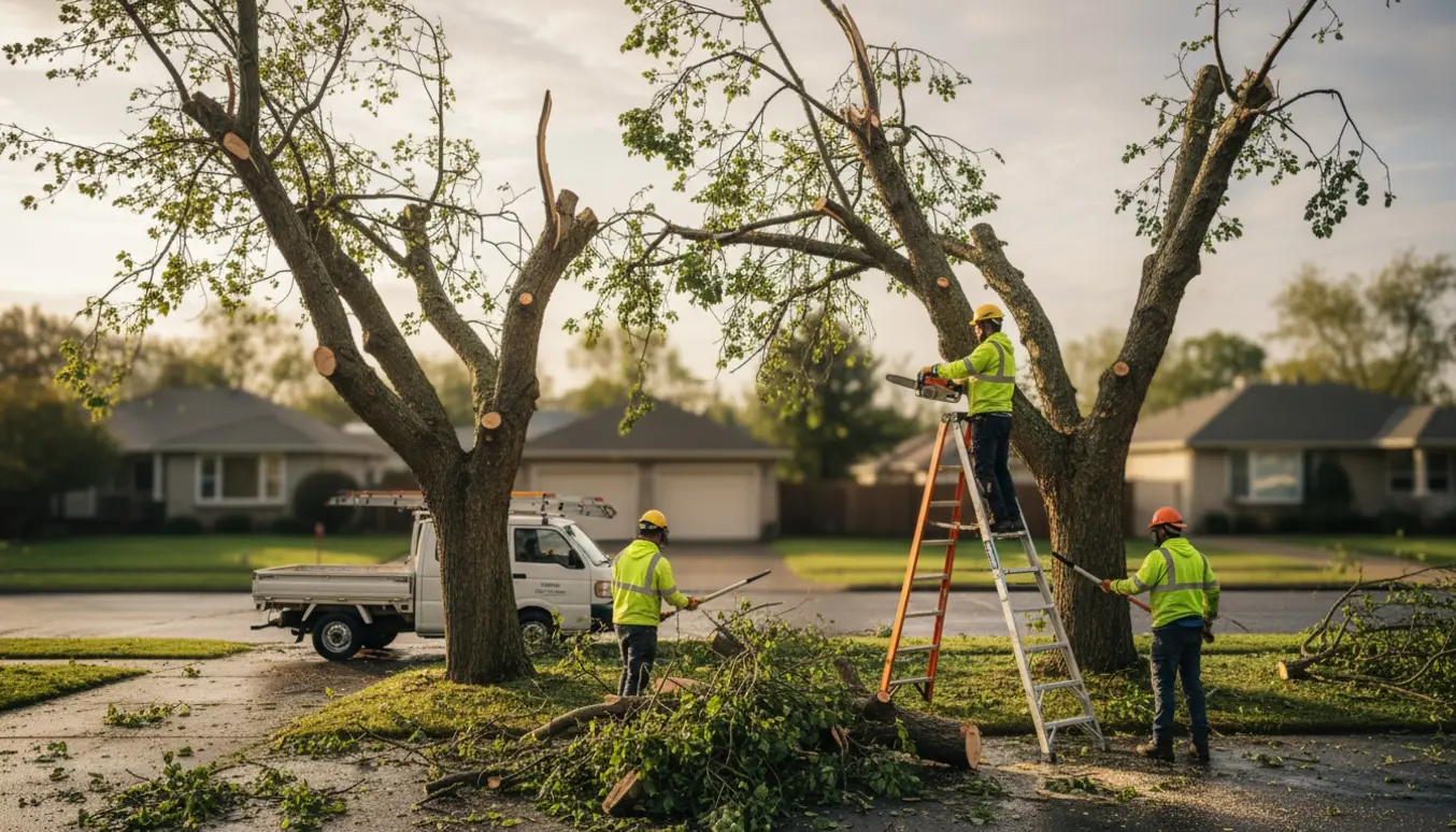 Arborist beskærer stormskadede træer i en forhave med en bunke af afskårne grene.