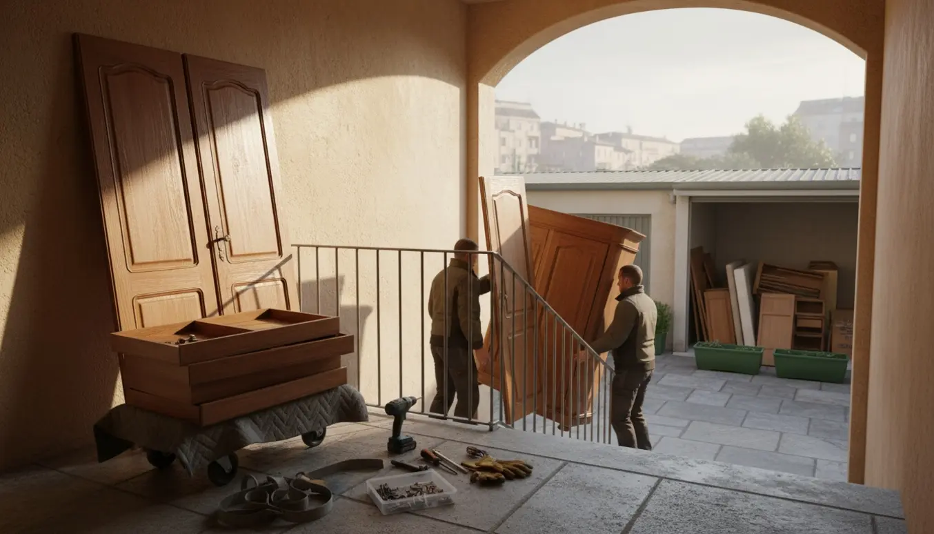 To personer bærer et adskilt garderobeskab ned ad en opgang mod gårdens storskraldsrum.