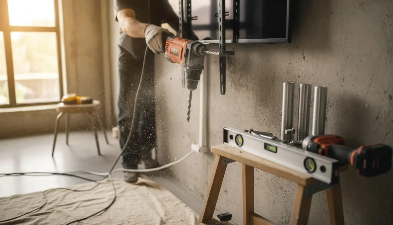 Nærbillede af hænder, der monterer et fladskærms-tv på en kraftig betonvæg med borehammer og beslag.