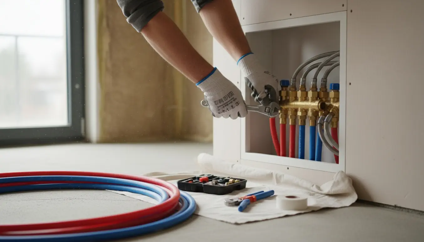 Hænder forbinder gulvvarmerør til en manifol i et hjem under renovering.
