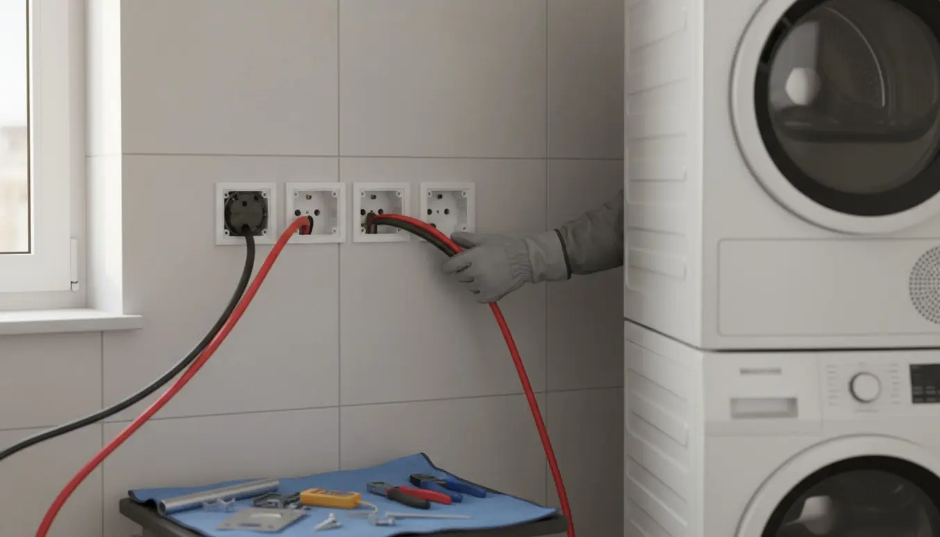 Elektriker installerer to nye stikkontakter til en vaskesøjle og trækker strøm fra et kraftstik ved siden af.