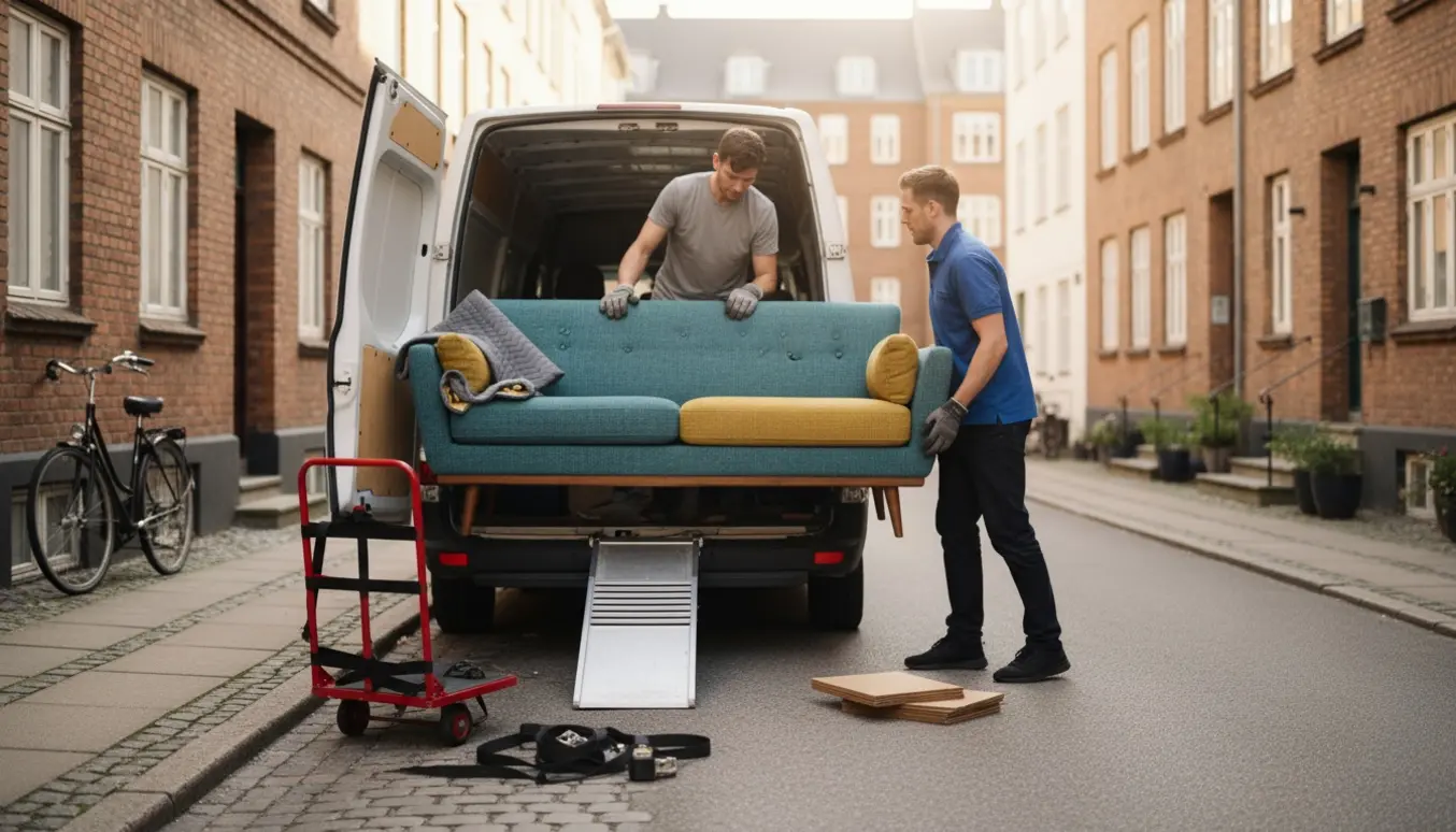 To flyttemænd læsser en sofa ind i en hvid varevogn på en københavnsk villavej, med flyttetæpper og håndtruck.