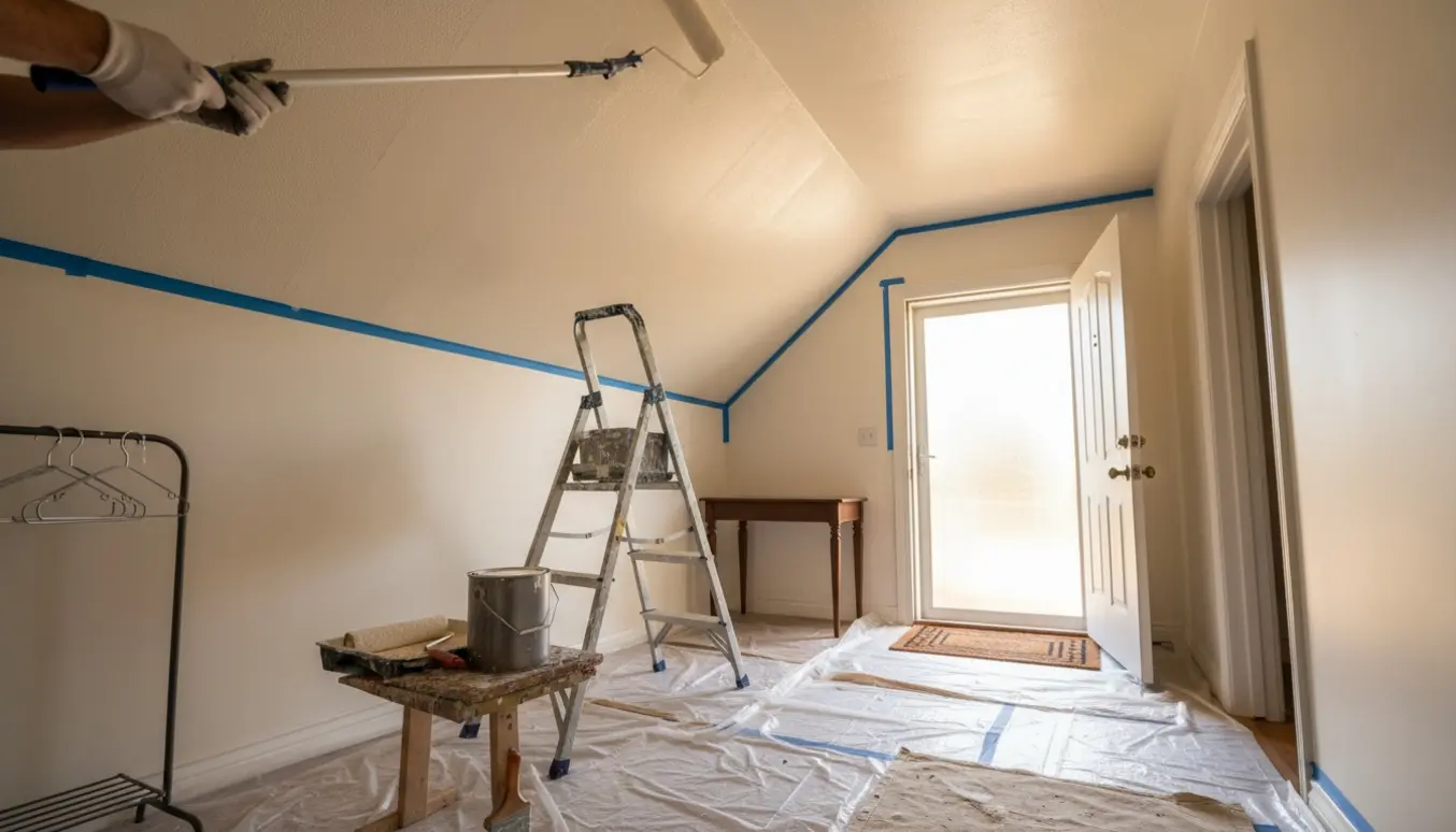 En entre på ca. 10–12 m² med loft til kip, hvor en roller på forlængerskaft påfører frisk hvid maling.