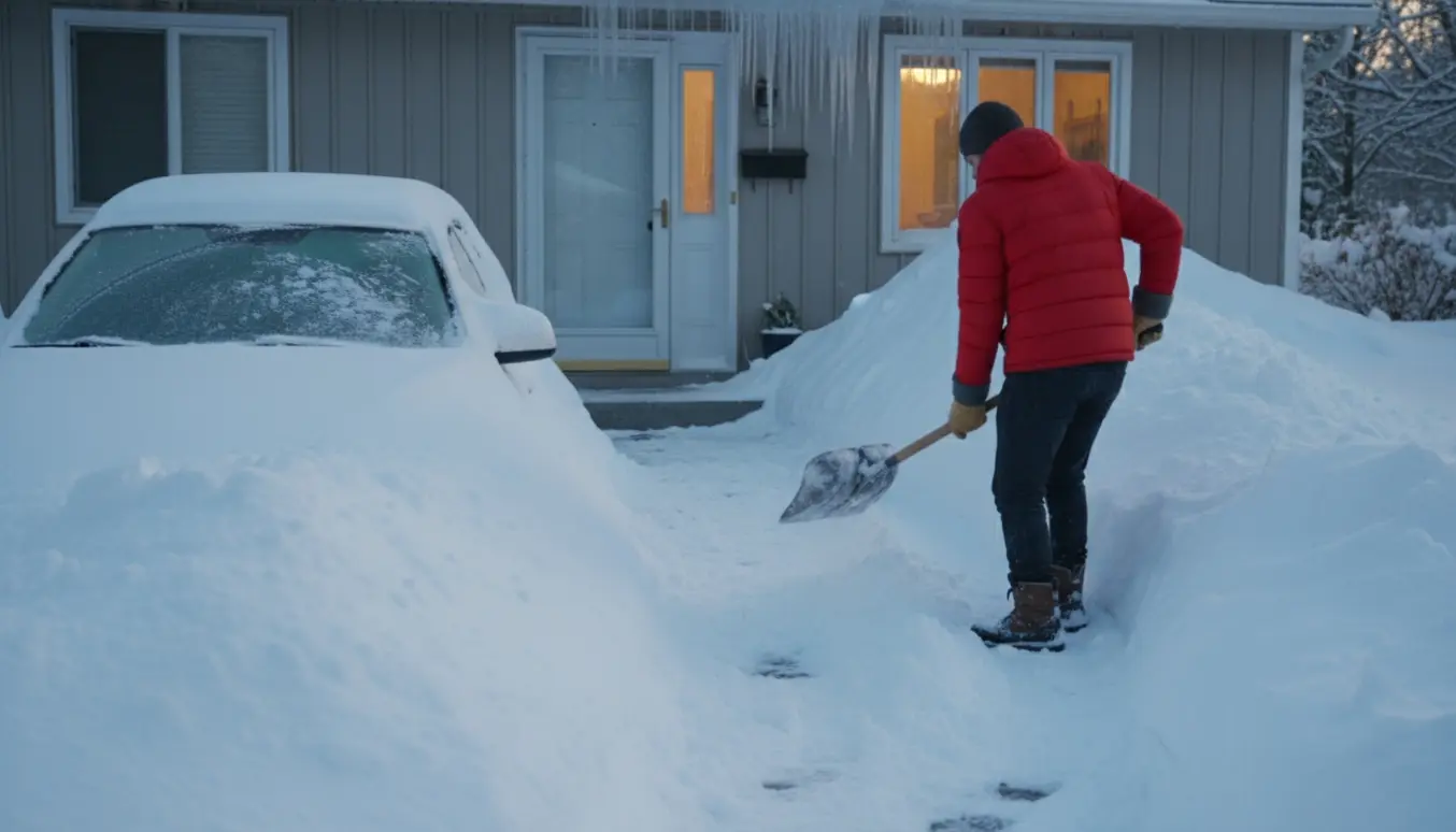 En person skovler en smal sti gennem dyb sne foran en indgang, så huset ikke er helt afskåret.