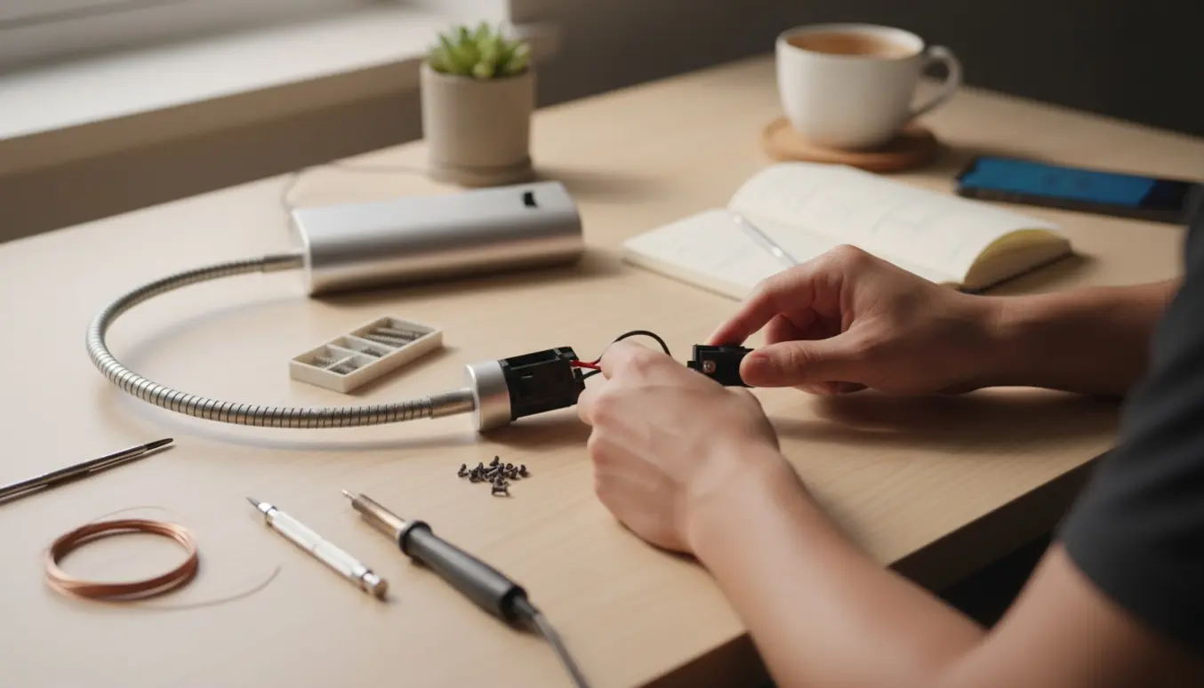 Nærbillede af hænder, der reparerer en skrivebordslampe med små værktøjer på et lyst skrivebord.