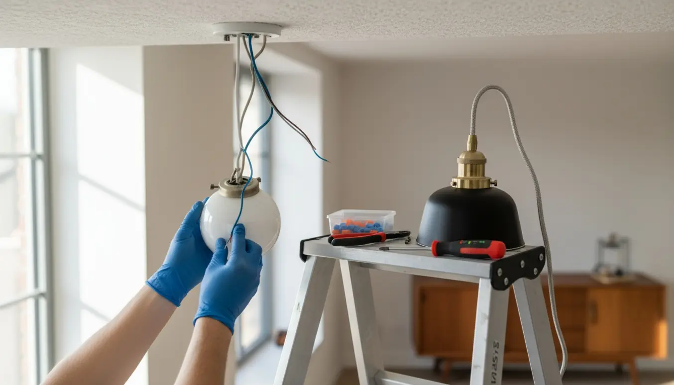 Hænder på en stige fjerner en gammel loftslampe og forbereder montering af en ny i en lys stue.