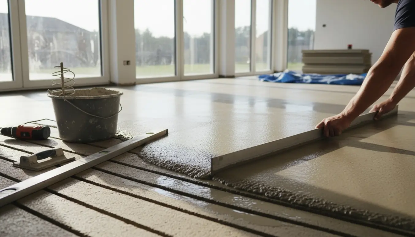 Nivellering af betongulv i en ny tilbygning med værktøj og synlig gulvvarme.