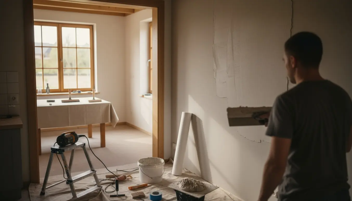 Værktøj og håndværker i et køkken under opsætning af filt og fuldspartling med blødt dagslys.