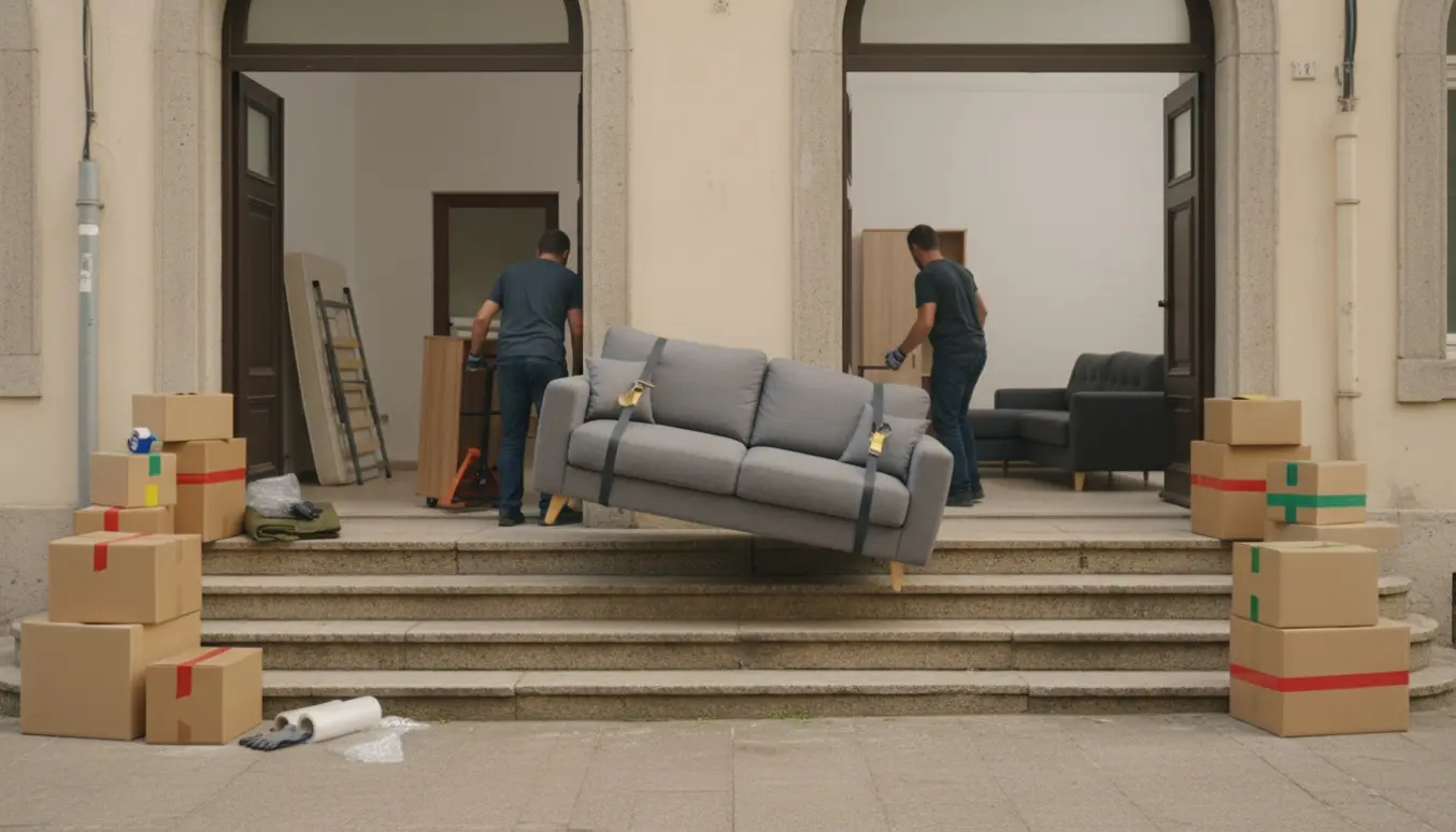 Flyttefolk bærer sofa og flyttekasser mellem to åbne stuelejligheder ved en trappe på fem trin.