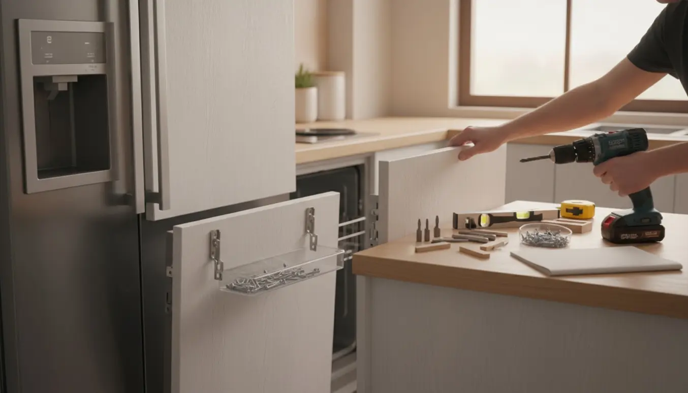 Hænder monterer hvide træfrontpaneler på et indbygget køle-/fryseskab og opvaskemaskine i et lyst, moderne køkken.