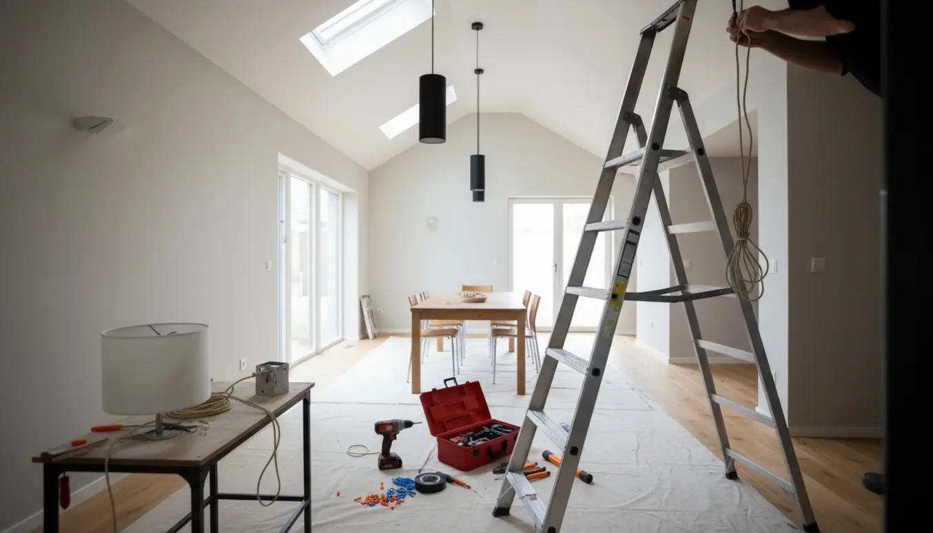 Hænder på en stige monterer to pendellamper i et rum med højt til loftet, mens værktøj og en tredje lampe ligger klar på gulvet.