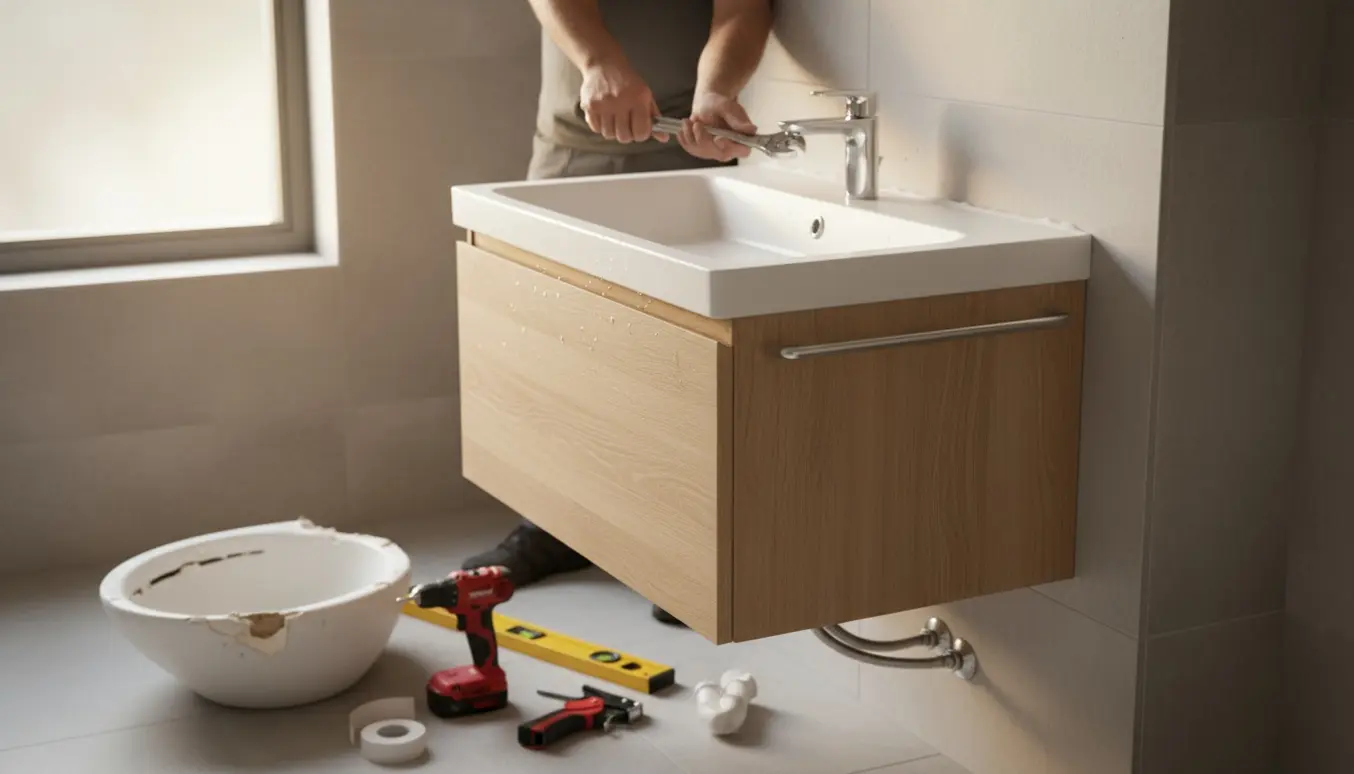 Opsætning af nyt toiletmøbel med vask og værktøj, mens en ældre vask er fjernet.