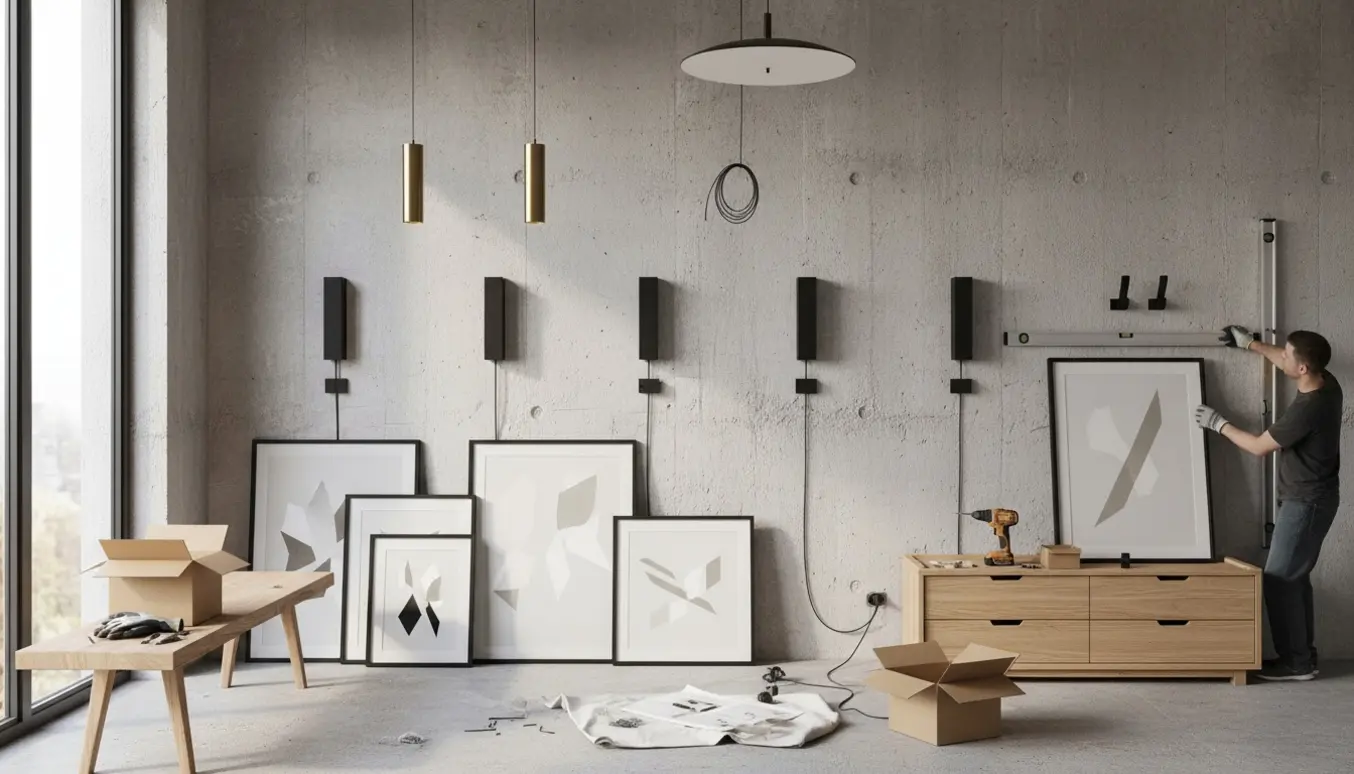 Hænder monterer lamper, billeder og knager på en rå betonvæg, mens en bænk og en kommode er delvist samlet.
