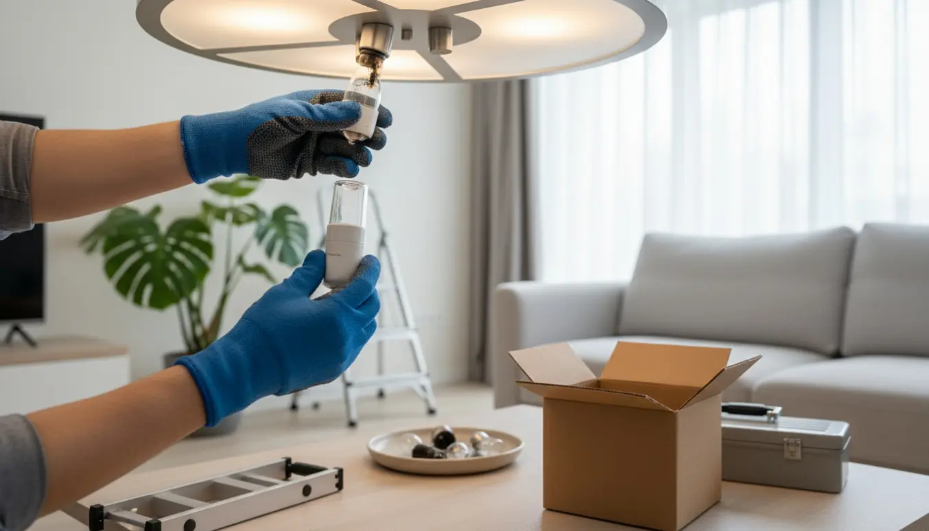 Hænder skruer en udbrændt pære ud af en loftlampe mens en ny LED-pære og en åben æske med reservedele ligger på et bord.