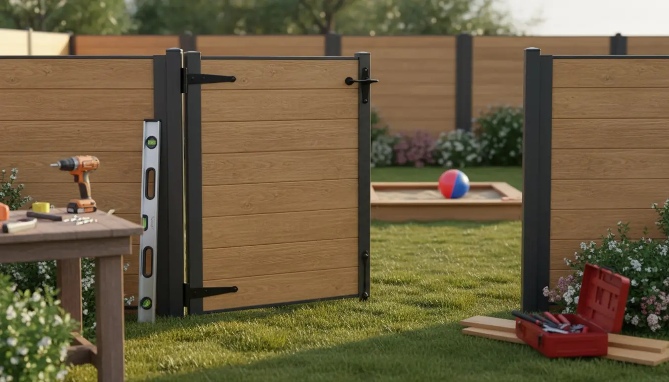 Komposithegn med låge og børnesikret lås i en solbelyst have med værktøj i baggrunden.