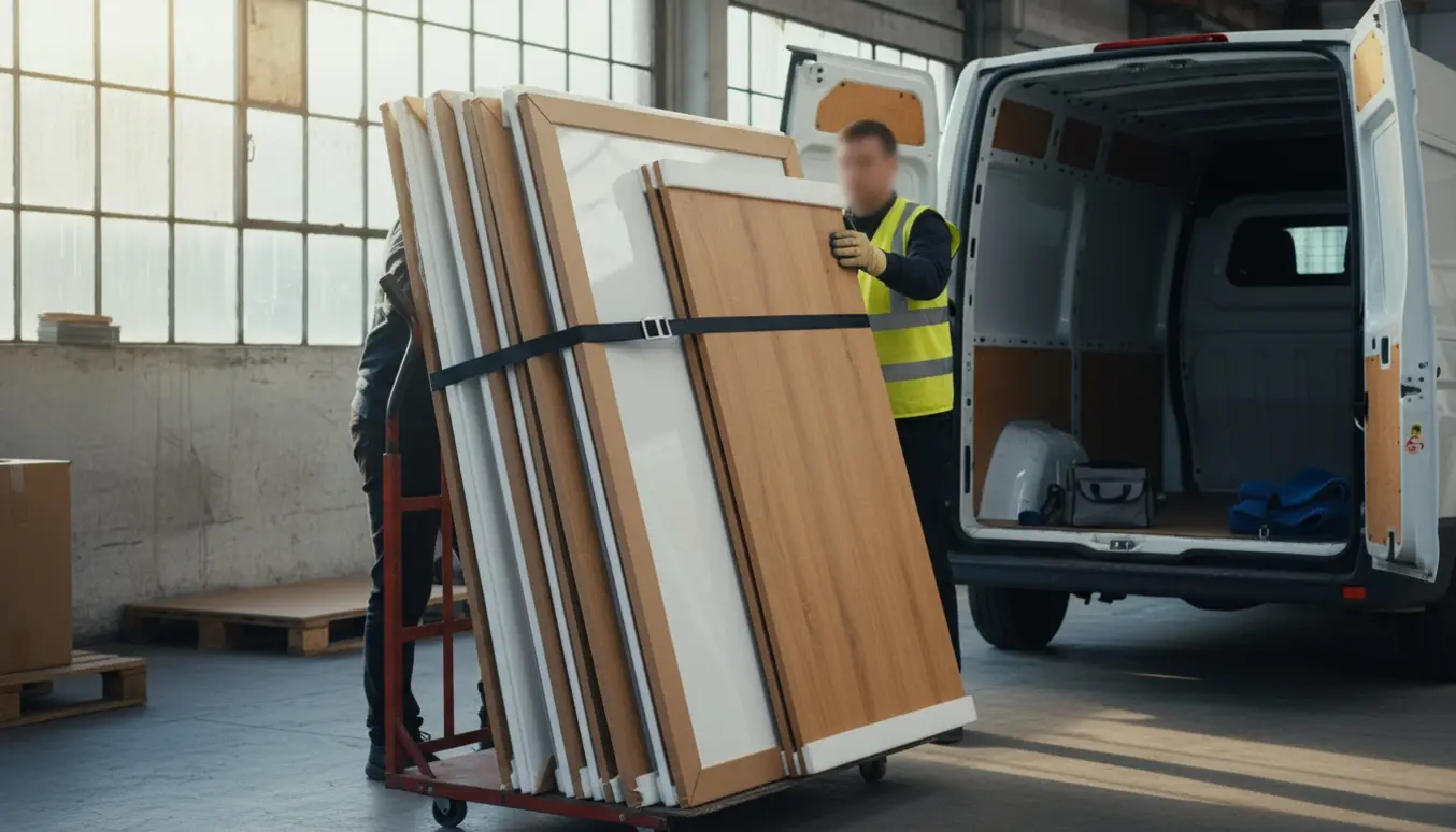 Afhentning af otte skabslåger ved en butiks afhentningsområde, læsset i en varevogn.