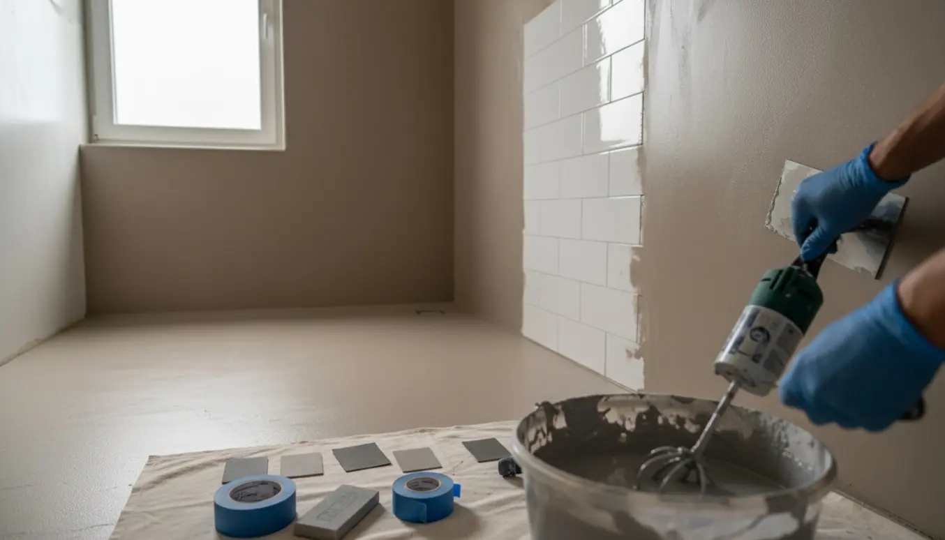 Lille badeværelse under renovering med grå microcement på gulv og vægge og bevarede hvide fliser i brusekabinen.